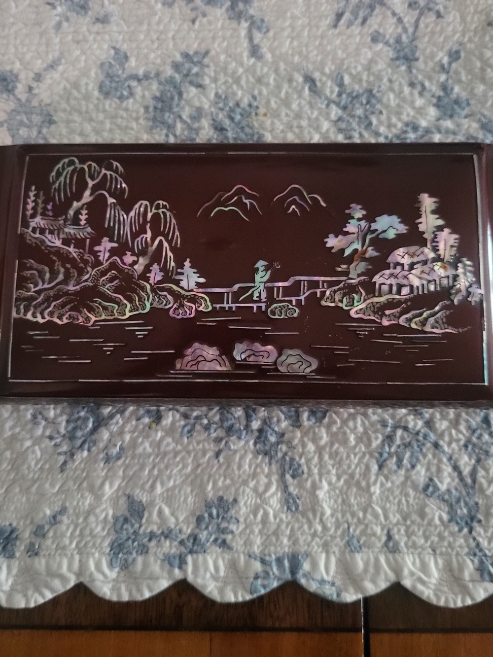 Source Unknown Brown Lacquered Decorative Desk Tray with Iridescent Inlay